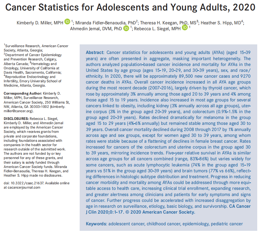 数读|神刊CA（IF=292）首.发青少年癌症统计报告