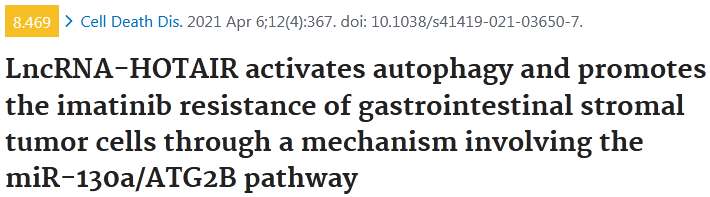 文献解读：LncRNA-HOTAIR通过miR-130a/ATG2B轴激活自噬并促进胃肠道间质瘤细胞耐受伊马替尼