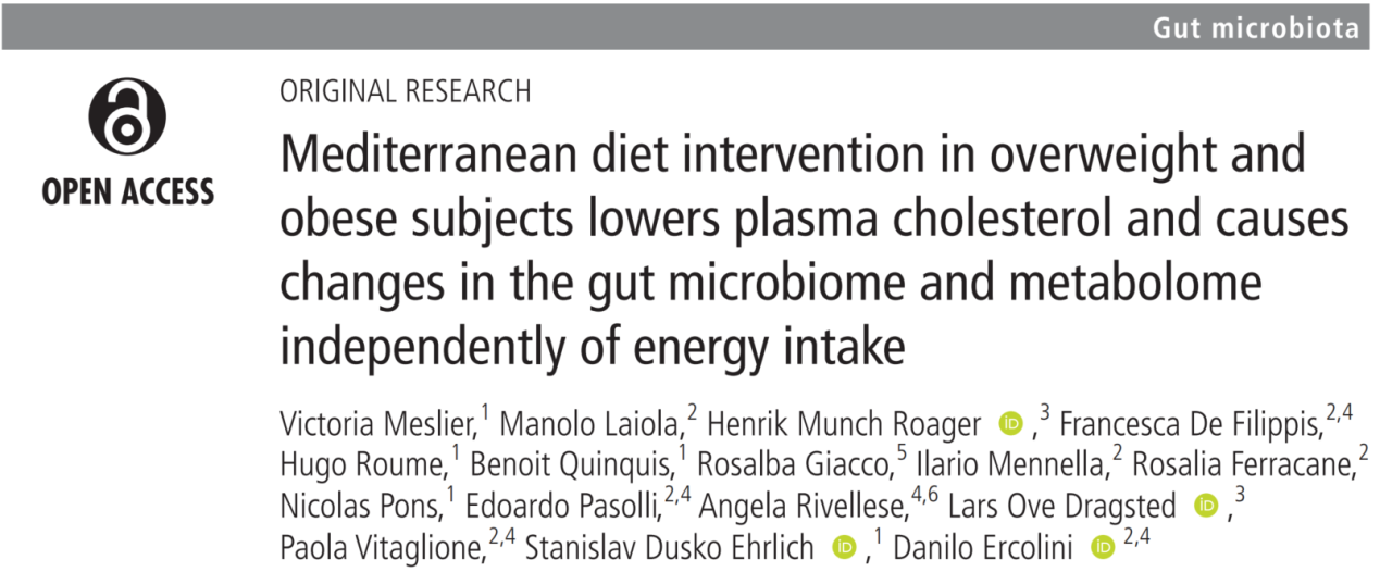 Gut | 地中海饮食降低超重和肥胖患者胆固醇水平，改变其肠道菌群和代谢