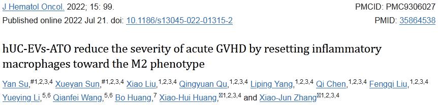 【J Hematol Onco】23分+，hUC-EVs-ATO降低急性GVHD严重程度的研究