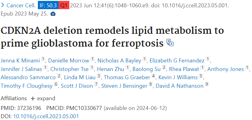 文献分享 | Cancer Cell！CDKN2A缺失会改变肿瘤脂质代谢，GPX4通路有望成为GBM的有效靶点