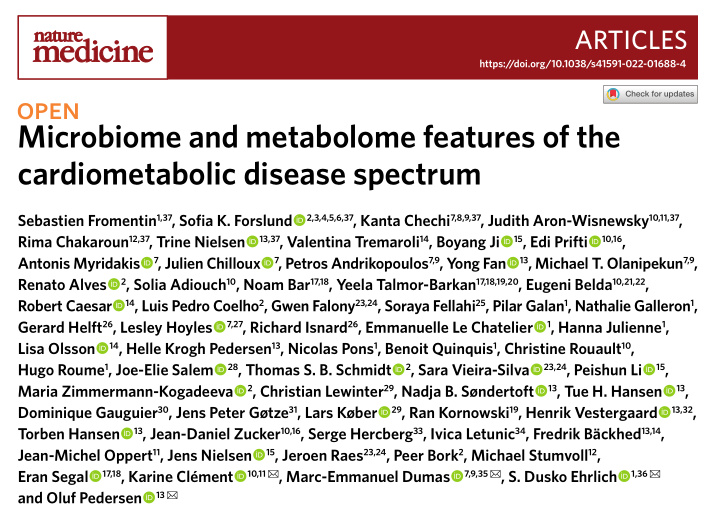 Nature Medicine | 大队列揭示心脏代谢疾病的菌群和代谢特征