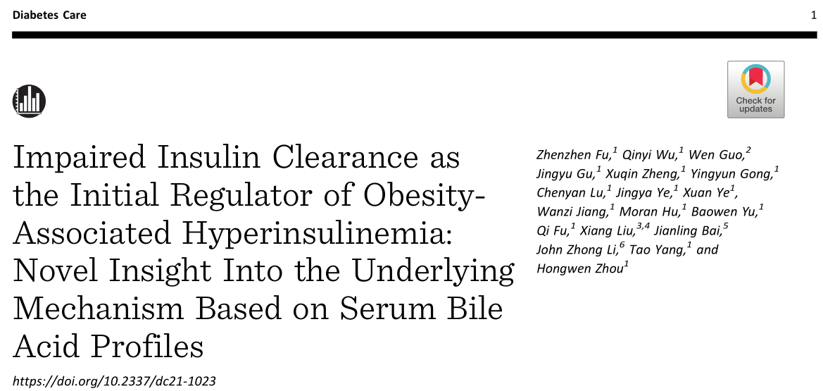 Diabetes Care | 胰岛素清除在肥胖高胰岛素血症中的作用及其与血清胆汁酸谱的关联研究