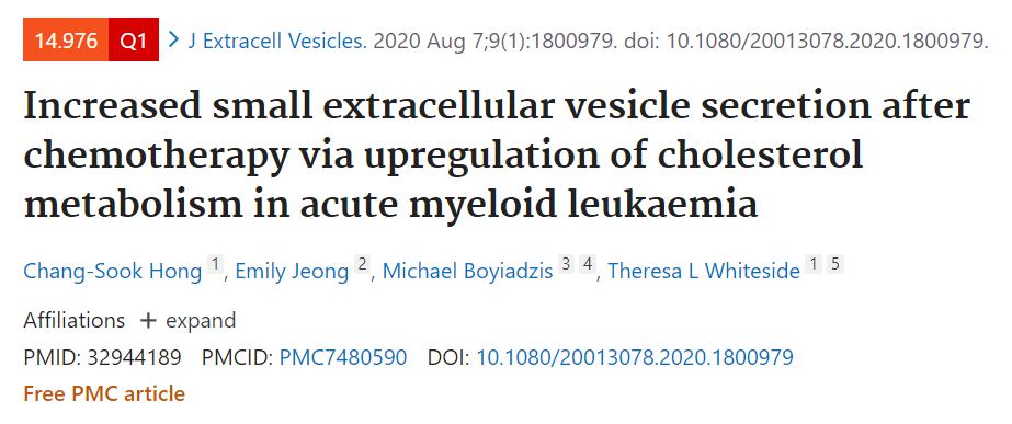 急性髓细胞白血病化疗后胆固醇代谢上调，sEVs的分泌增加