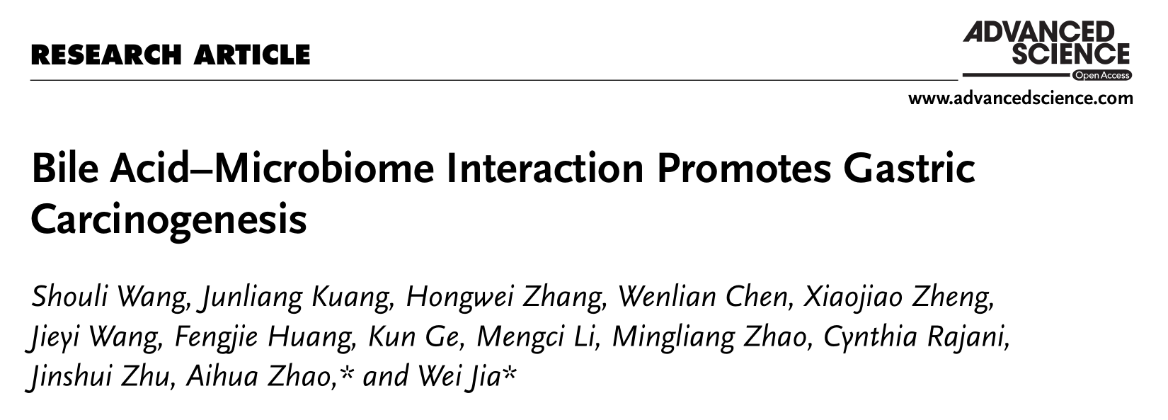 Advanced Science | 胃胆汁酸-微生物促进胆汁反流性胃癌发生新机制