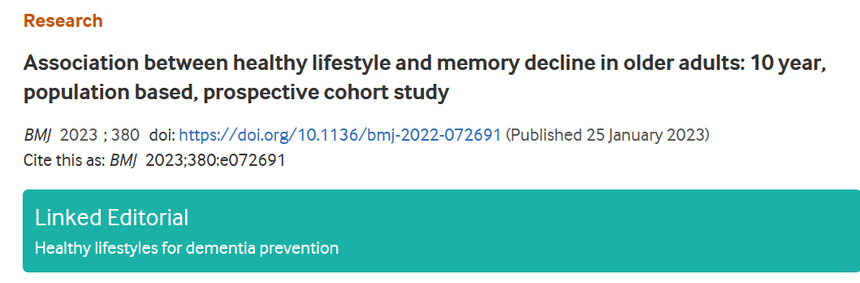 文献分享 | 首都医科大学贾建平团队在国际顶刊BMJ（IF=105.7）发表重要成果：揭示健康的生活方式可延缓记忆衰退