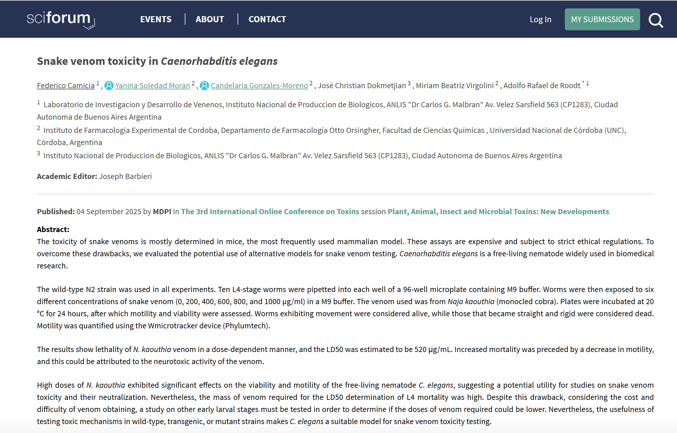 WMicrotracker小动物活动力分析系统文章分享，阿根廷研究团队发表名为 “Snake venom toxicity in Caenorhabditis elegans” 报告