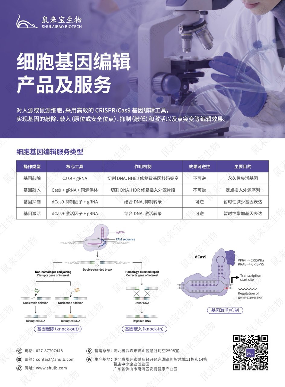 细胞基因编辑不用愁！鼠来宝生物一站式搞定敲除/敲入/激活/抑制～