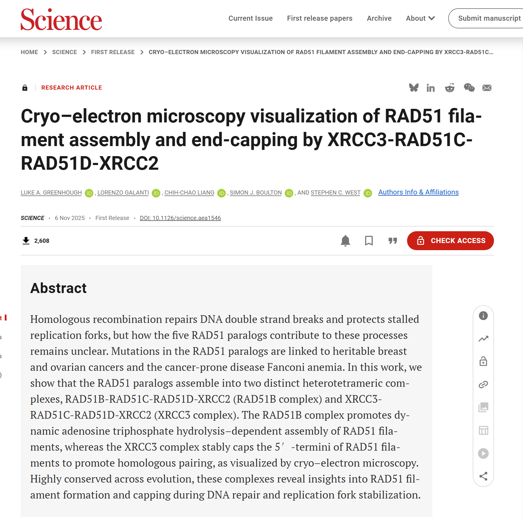 BMG LABTECH多功能酶标仪文献分享,英国The Francis Crick Institute科研团队发表在Science 上 “Cryo–electron microscopy visualization of RAD51 filament assembly and end-capping by XRCC3-RAD51C-RAD51D-XRCC2