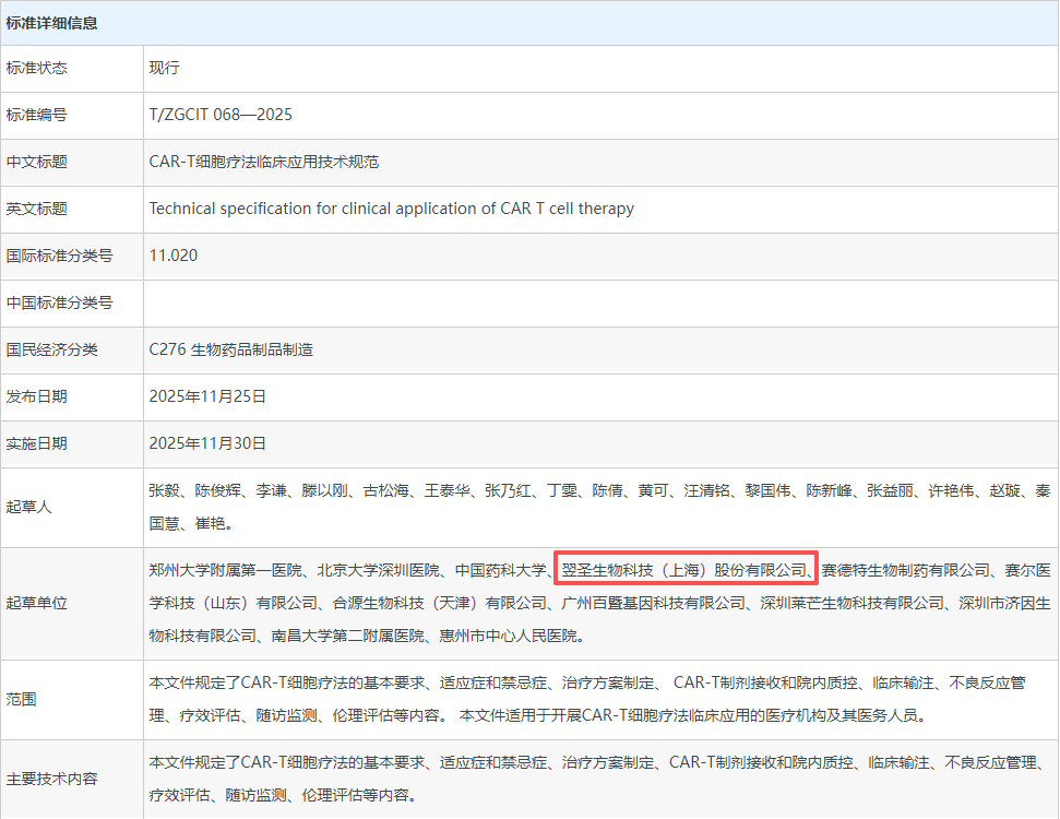 喜讯！翌圣生物参与制定CAR-T细胞疗法两项关键团体标准，助力行业规范化发展