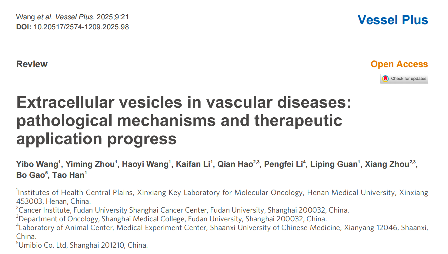 Vessel Plus 细胞外囊泡在血管疾病中的病理机制和治疗应用进展