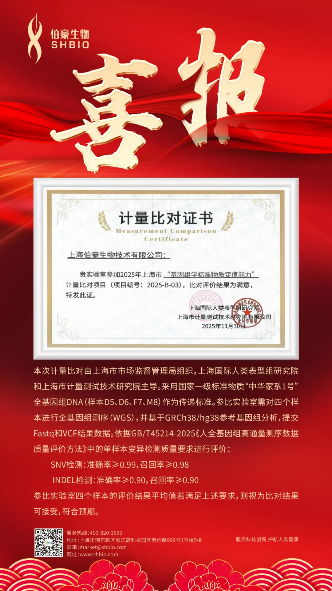【喜报】伯豪生物基因组测序与变异检测分析能力获上海市官方权威质量认证！
