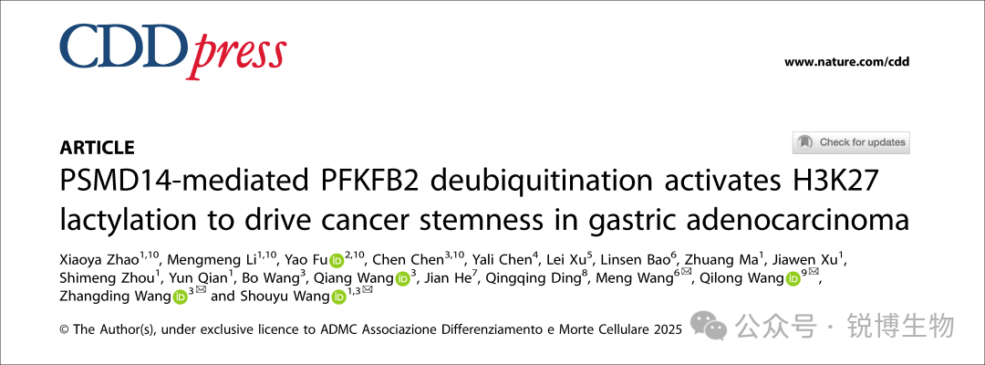 Nature子刊 | PSMD14介导的PFKFB2去泛素化作用激活H3K27的乳酸化，从而促进胃腺癌中的癌干细胞的形成