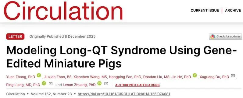 多维度电生理检测技术助力浙江大学庄乐南课题组在《Circulation》发表论文—构建全球shou个长QT综合征的基因编辑小型猪模型