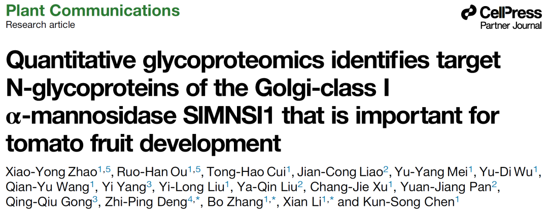 项目文章（IF=11.6）| 浙江大学团队构建番茄果实N-糖基化蛋白质组图谱并揭示番茄果实发育关键机制