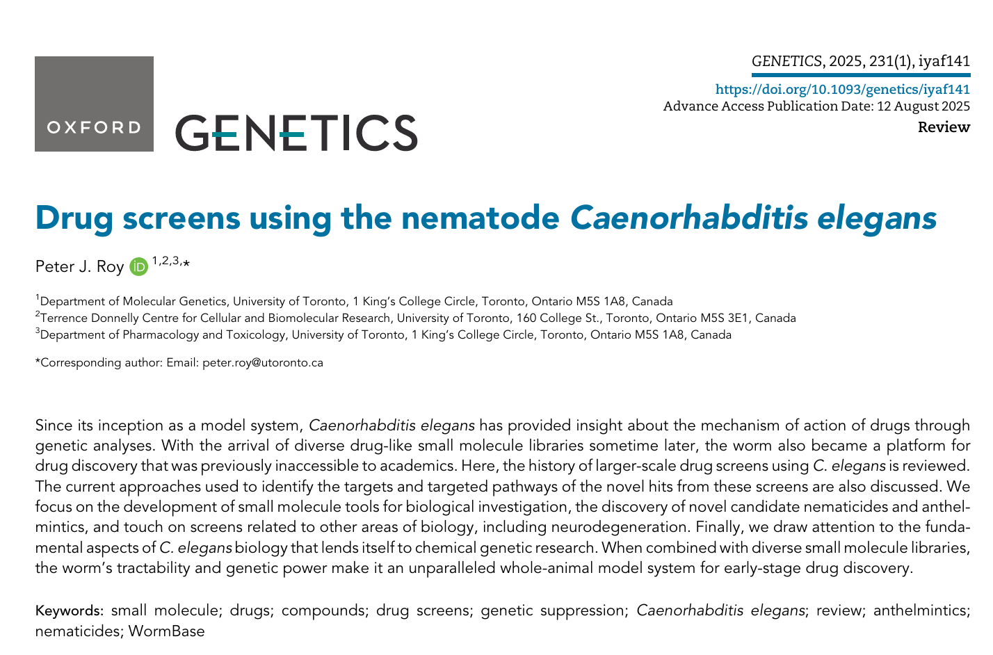 WMicrotracker小动物活动力分析系统文章分享，多伦多大学发表在J of Genetics 上Drug screens using the nematode Caenorhabditis elegans