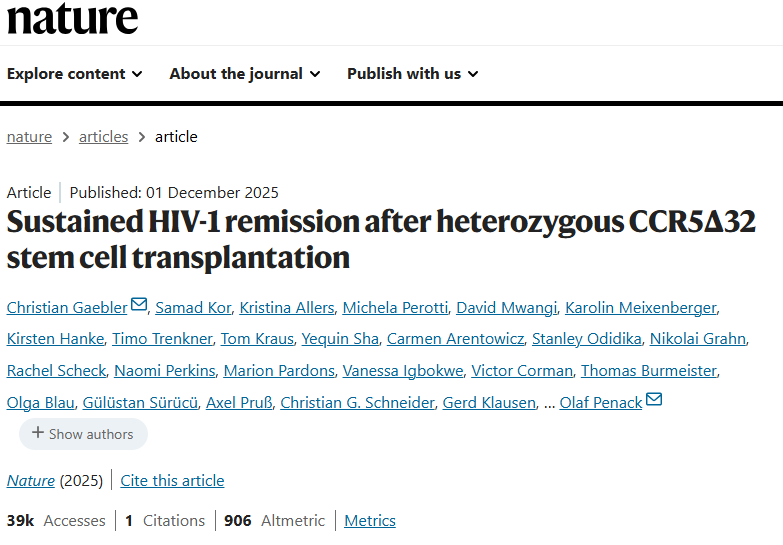 全球首例异合CCR5Δ32干细胞移植实现HIV长期缓解