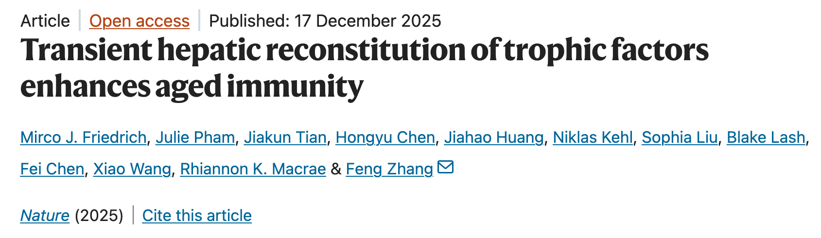 顶刊新知 |张峰：利用肝脏“智造”mRNA药物，重启衰老的免疫系统