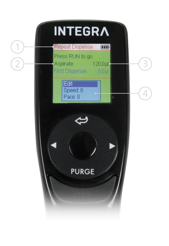 Color screen display of VIALFO electronic pipette with customizable pipetting program visible.