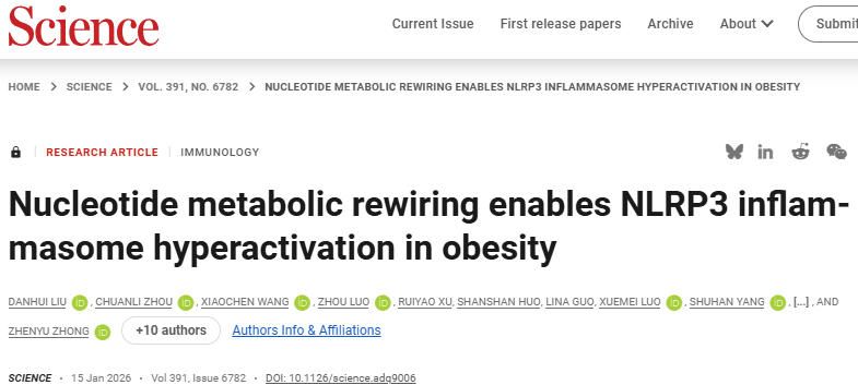 Science：巨噬细胞NLRP3 炎症小体被肥胖下核苷酸代谢异常过度炎性激活