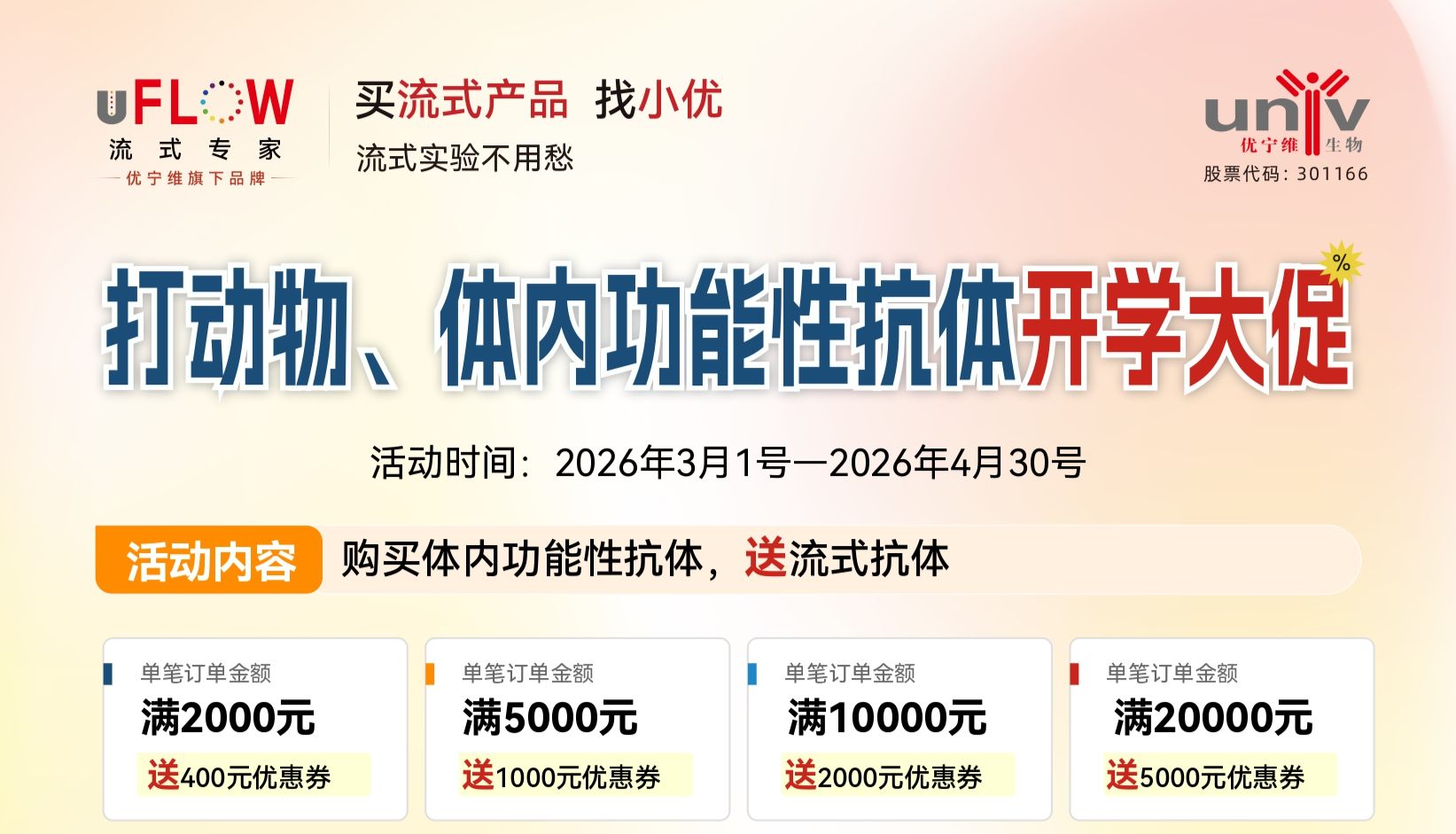 开学大促｜体内功能性抗体买赠流式抗体，满额立享高额优惠券