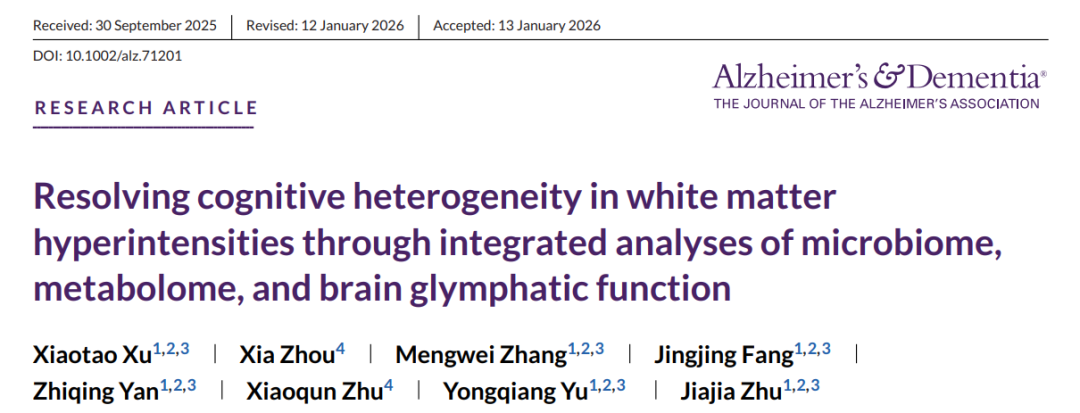 Alzheimer's &amp; Dementia：多组学解析肠-脑轴视角下白质高信号认知异质性