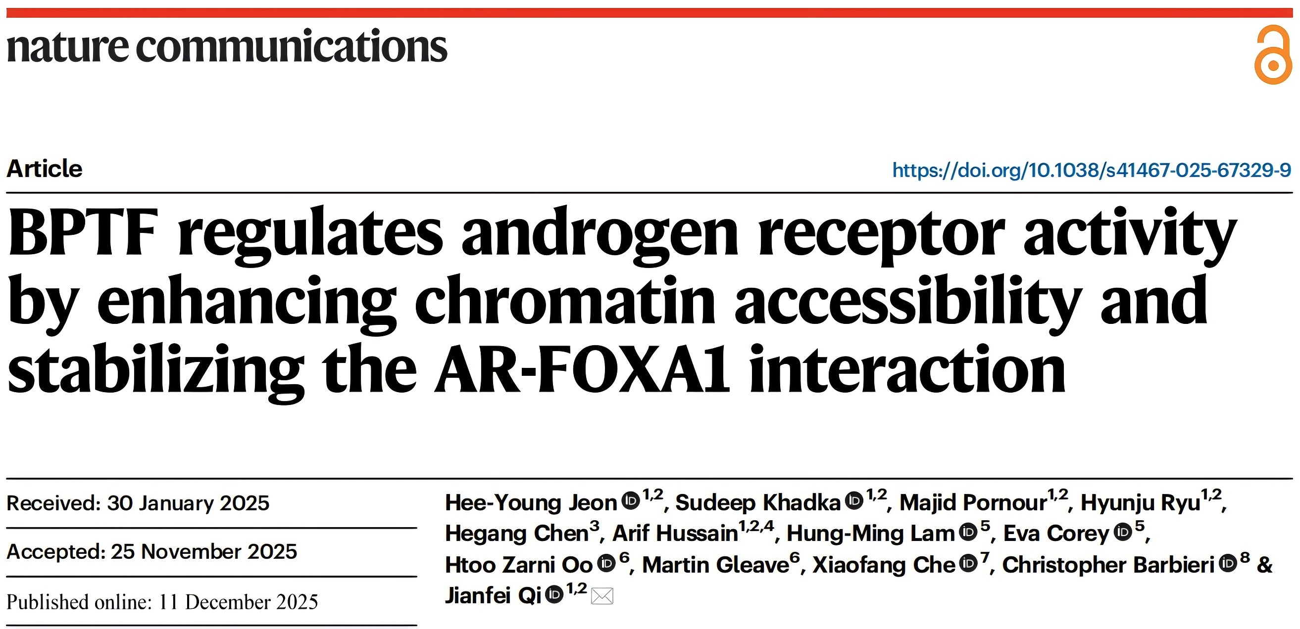 文献分享|NC（IF 14.7）| BPTF通过增强染色质可及性和稳定AR-FOXA1相互作用调控雄激素受体活性