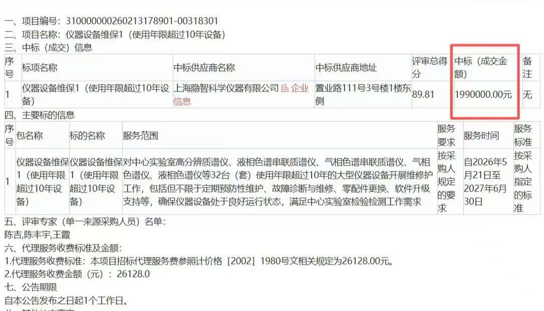 隐智科仪成功中标上海市农产品质量安全中心全仪器维保项目 专业护航食品安全检测防线
