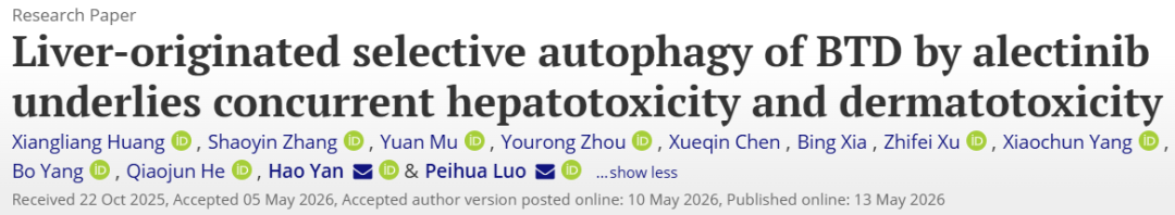IF=14.3【AAV在肝脏的应用】Autophagy｜浙大团队揭示阿来替尼诱导多器官毒性新机制：肝脏BTD选择性自噬介导的肝-皮肤器官串扰