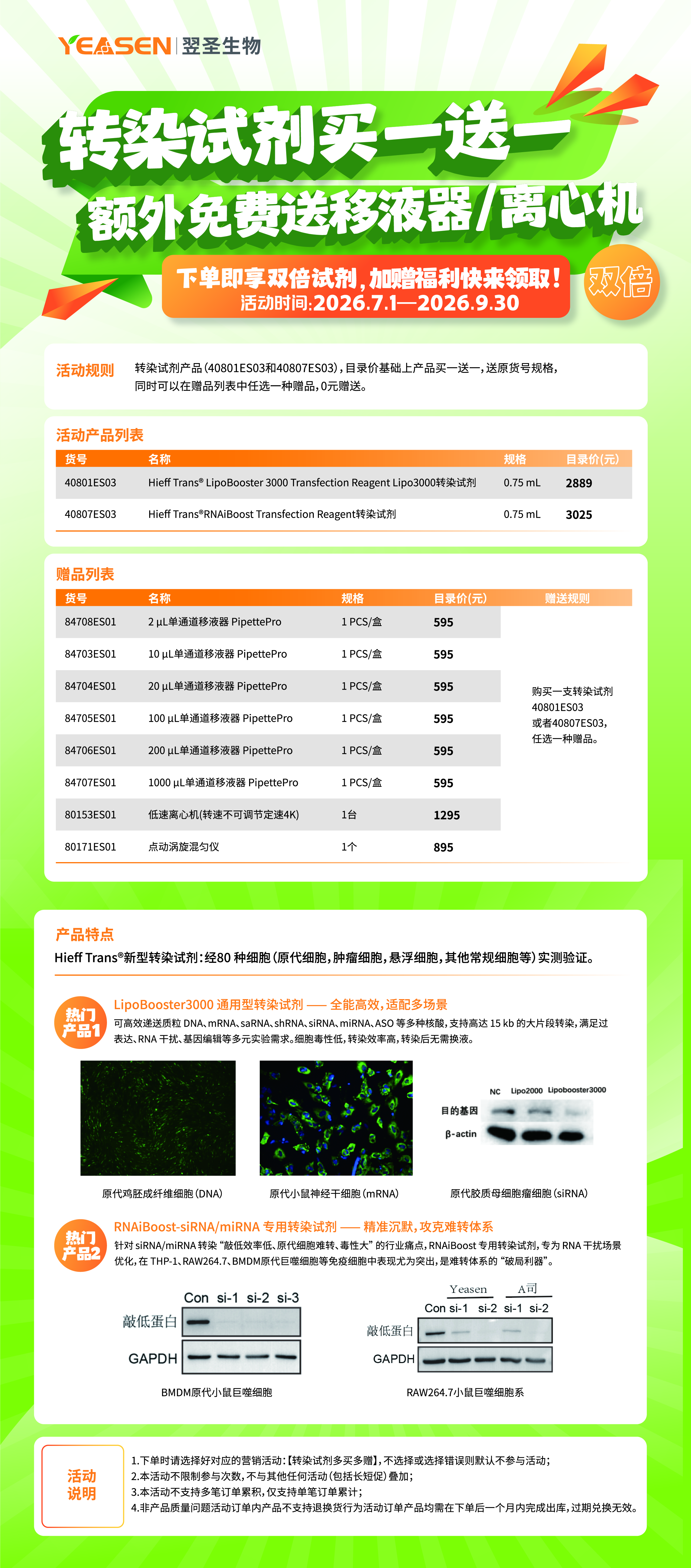 转染试剂买一送一，额外免费送移液枪/离心机