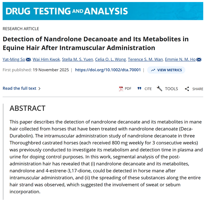 Bertin Precellys研磨器/研磨仪用户文章分享,香港赛马会竞赛实验室发表 “Detection of Nandrolone Decanoate and Its Metabolites in Equine Hair After Intramuscular Administration“ 研究报告