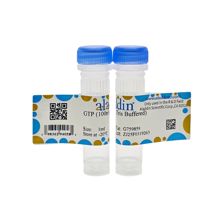 GTP (100mM, Tris Buffered),BioReagent, 无DNA酶和RNA酶, PCR试剂, 分子生物学级, 无菌, 用于体外转录, for DNA and RNA applications, ≥99%, 100mM,阿拉丁