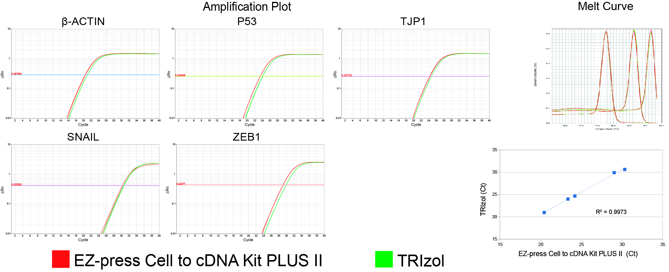 EZ-press Cell to cDNA Kit PLUS II得到的cDNA的qPCR结果与TRIzol方法高度一致
