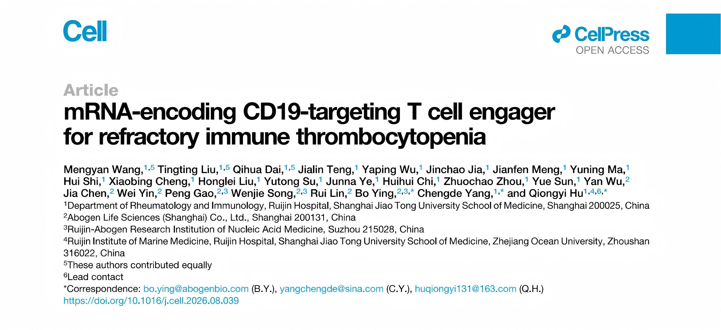 mRNA-encoding CD19-targeting T cell engager for refractory immune thrombocytopenia
