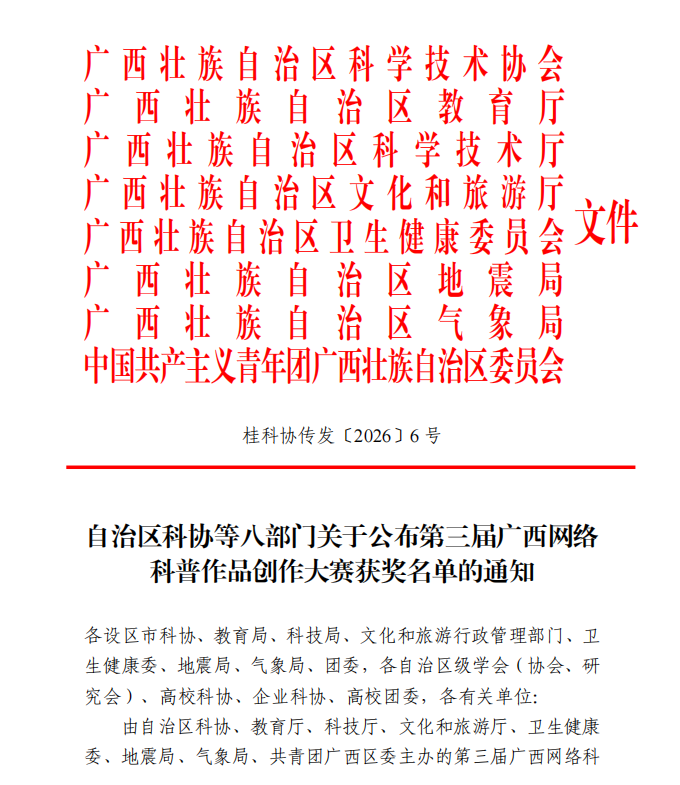 喜报!我院两部科普作品在第三届广西网络科普作品创作大赛中获奖