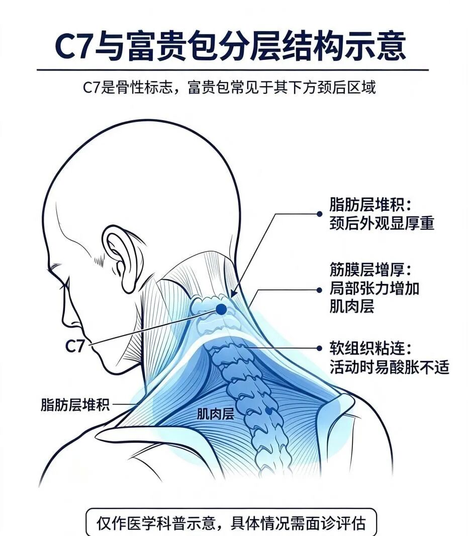 颈后隆起「富贵包」,不仅影响形态,还会引起颈肩酸胀头昏不适,微创手术矫治