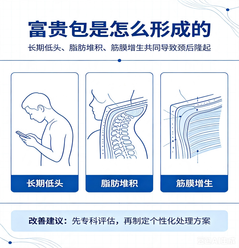 颈后隆起「富贵包」,不仅影响形态,还会引起颈肩酸胀头昏不适,微创手术矫治